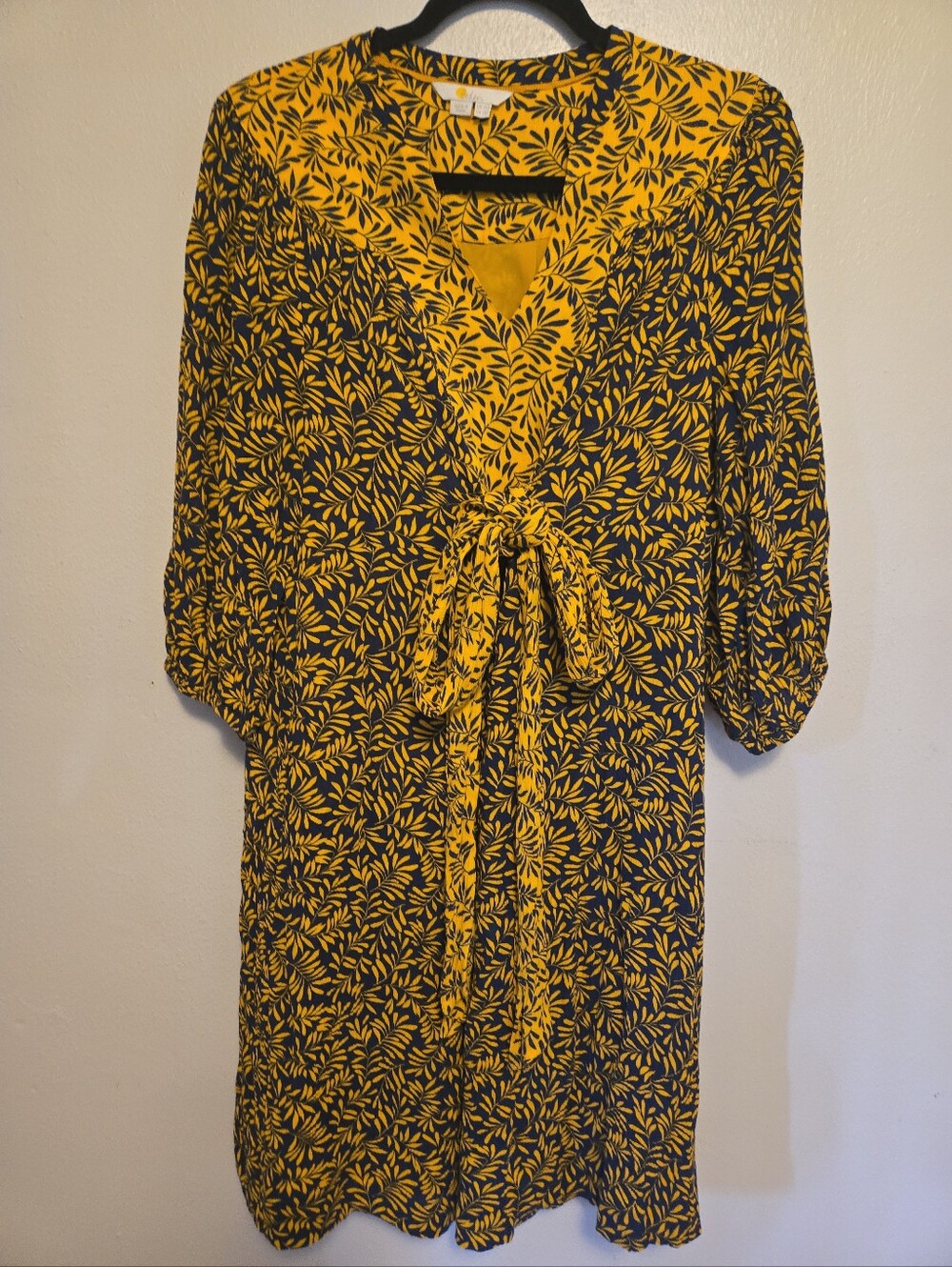 Boden Ariadne Midi Dress Belted Leaf Print Blue Yellow 10 Petite